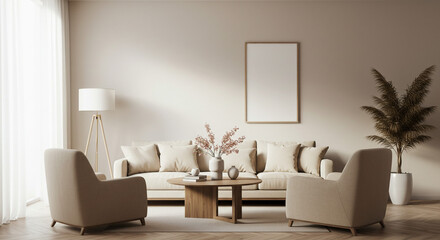 Serene living room design Neutral tones comfy armchairs and a modern sofa create a peaceful