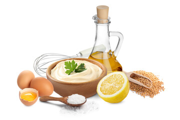 Mayonnaise ingredients and prepared sauce on white background