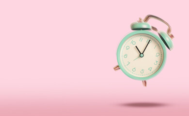 Turquoise alarm clock ringing and jumping on pink background. Banner design with space for text