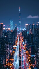 Fototapeta premium Night city view with illuminated skyscraper & car trails on bustling avenue