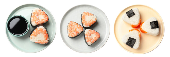 Tasty onigiri on white background, set. Top view