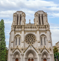 Nice France. Facade of Notre-Dame basilica, the largest Roman Catholic church in Nice.