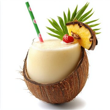 Pina colada in coconut shell on white background