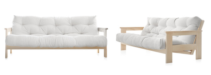 White sofa isolated on white, collage. Stylish furniture