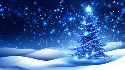Glowing Blue Christmas Tree in Snowy Landscape: A Magical Winter Scene
