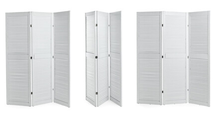 White folding screen isolated on white, collage. Stylish furniture