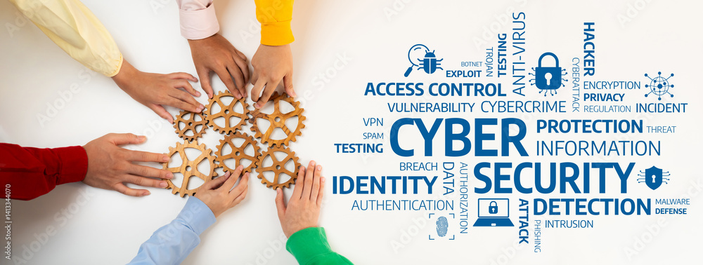 Poster hands collaborating on cyber security strategies with gears and keywords related to protection, iden
