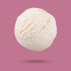 Ice cream scoop in air on dark pink background. Yummy dessert