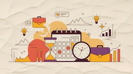 A modern illustration showcasing the concept of time management with an hourglass, a clock and a calendar, all with the theme of success and development.