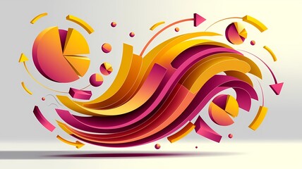Fototapeta premium Abstract dynamic composition of swirling 3D pie charts and arrows, symbolizing growth and data analysis.
