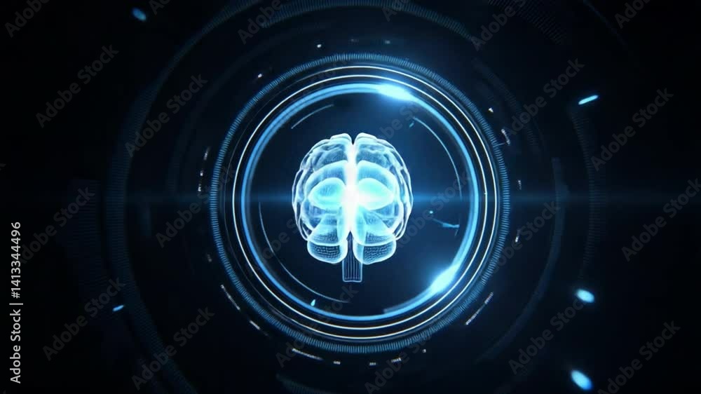 Poster a virtual brain design for chatbot ui, combining intelligent patterns and radial hud elements in lig