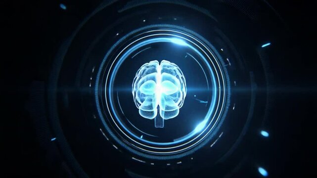 A virtual brain design for chatbot UI, combining intelligent patterns and radial HUD elements in light blue tones