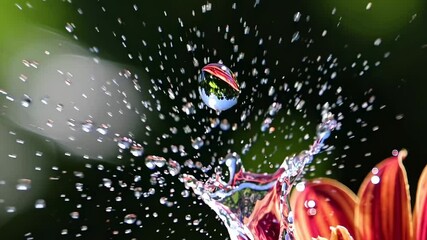 Suspended water droplet creates magical prism effect above red flower, capturing perfect moment of natural refraction with bokeh background in garden setting - Powered by Adobe