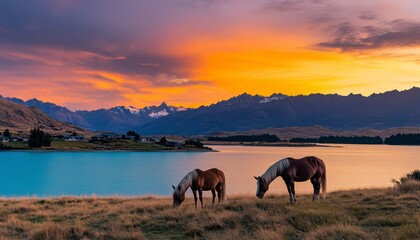 Obraz premium Majestic Horses Grazing at Sunset: Serene Mountain Lake Panorama
