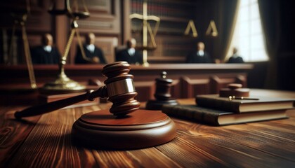 Judge Courtroom Gavel on Table during a Process - Judge holding the Gavel making Judgement - On a Table with the scales of Justice - Process and Final Verdict - Guilty or Not Guilty

