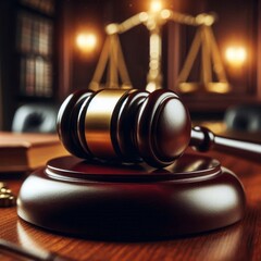 Judge Courtroom Gavel on Table during a Process - Judge holding the Gavel making Judgement - On a Table with the scales of Justice - Process and Final Verdict - Guilty or Not Guilty
