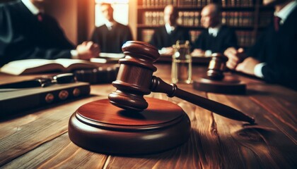 Judge Courtroom Gavel on Table during a Process - Judge holding the Gavel making Judgement - On a Table with the scales of Justice - Process and Final Verdict - Guilty or Not Guilty
