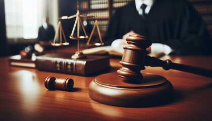 Judge Courtroom Gavel on Table during a Process - Judge holding the Gavel making Judgement - On a Table with the scales of Justice - Process and Final Verdict - Guilty or Not Guilty
