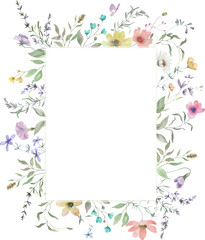 Watercolor floral frame with colorful wldflowers. Hand drawn illustration. Vector EPS.