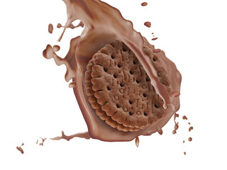 Chocolate milk splash and yummy cookie in air on white background