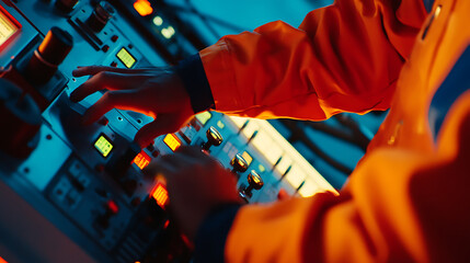 Offshore technician testing the emergency shutdown system on a rig. Featuring safety testing