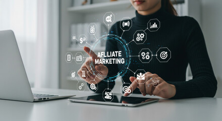 Woman manages affiliate marketing online digital strategy tech icons clean workspace modern