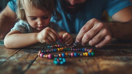 A father and toddler create a colorful beaded bracelet together.