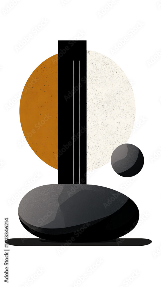 Poster minimalist art piece features abstract shapes including circles, vertical lines, and rounded forms o
