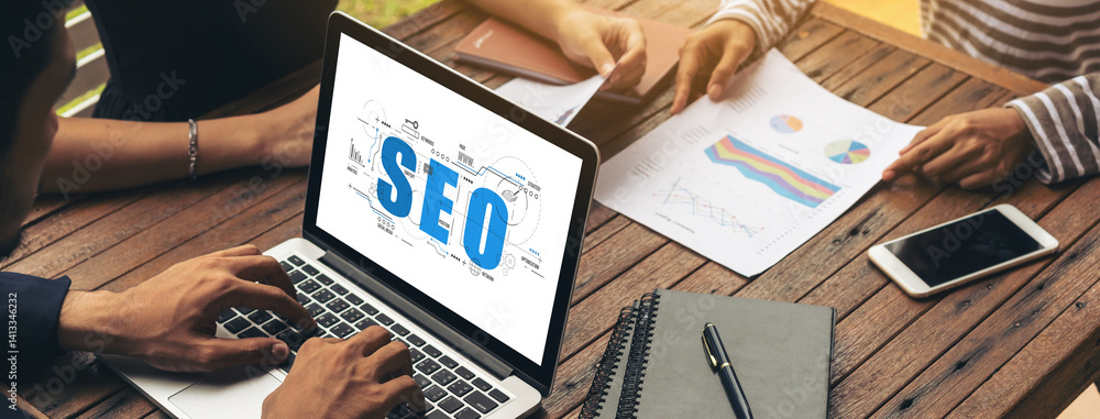 Poster seo search engine optimization for modish e-commerce and online retail business showing on computer 