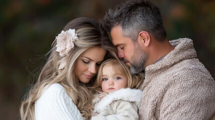 Fototapeta premium Loving family portrait, close-up. Parents and child embrace