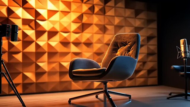Podcast Studio Setup: Modern Chair,  Professional Microphone, and Warm Lighting