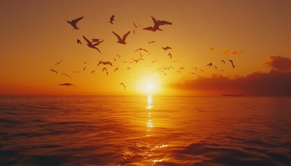 Golden Sunset Seascape: Birds in Silhouette Flight