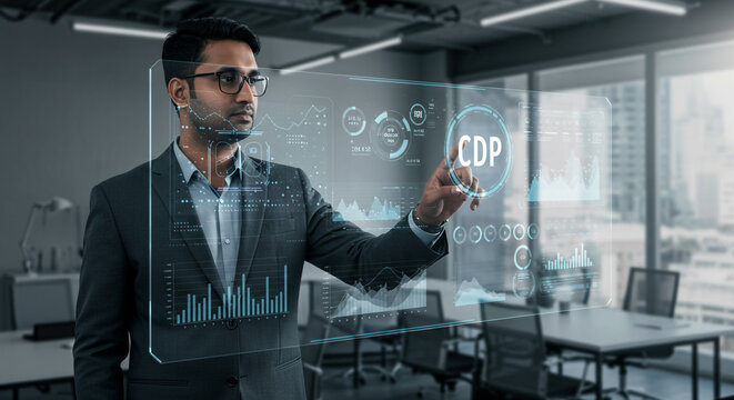 Businessman interacts with a futuristic CDP interface showcasing data analytics in a modern office