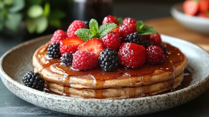 Stack of Whole Grain Pancakes with Fresh Berries and Maple Syrup Drizzle