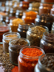 Colorful assortment of spices in glass jars arranged on a wooden table