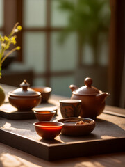 Warm tea setting with traditional pottery and spices on a wooden table during afternoon light