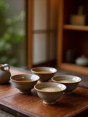 Warm bowls of tea are served on a wooden table in a serene setting with a peaceful atmosphere