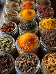 Colorful spices in glass jars arranged on a wooden surface highlighting various flavors and culinary possibilities