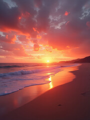Breathtaking sunset over a tranquil beach with gentle waves and colorful sky in the evening