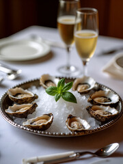 Elegant oyster platter accompanied by sparkling drinks on a festive dining table at a luxurious restaurant