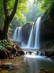 Waterfall cascades surrounded by lush greenery in a serene forest setting during early morning