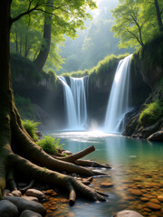 Majestic waterfall cascading into a serene pool surrounded by lush greenery in a tranquil forest