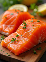 Fresh salmon fillets prepared with herbs and lemon slices on a wooden cutting board in a kitchen