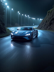 Nighttime drive of a sleek sports car on a winding road illuminated by streetlights