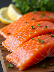 Fresh salmon fillets garnished with herbs and lemon slices on a wooden cutting board