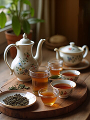 Delicate tea service with assorted teas and leaves arranged on a wooden tray by a bright window