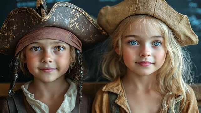 Two Young Girls in Pirate Costumes Enjoying a Playful Adventure