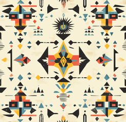 Vibrant cultural seamless design featuring geometric forms