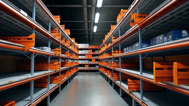 Empty warehouse shelves with orange racks and gray flooring, creating a spacious storage environment