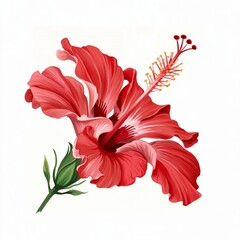 The tropical beauty of a vibrant red hibiscus flower, with its delicate petals and stamen adorned with yellow and red pollen, is showcased in full bloom.